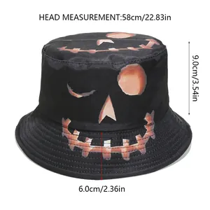 Size guide for black pumpkin bucket hat with measurements for head, brim and height