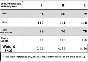 Detailed size chart for puff sleeve shirt and wide leg pants set with measurements in cm