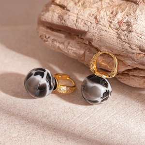 Vintage gold hoop earrings with marble resin bead drop and zircon accents for women