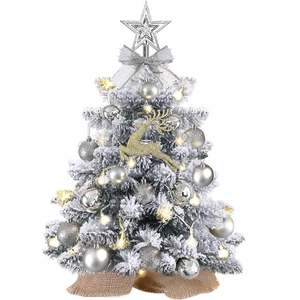 55cm mini Christmas tree with snow flocking, LED lights, silver ornaments, and burlap base