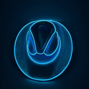 Close-up of LED cowboy hat with blue neon glowing EL wire on a dark background