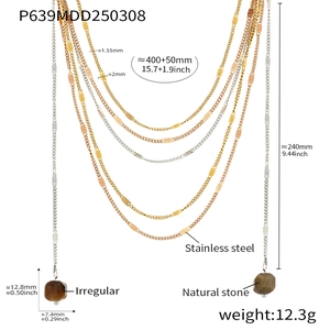 Detailed specs of multi-layer stainless steel necklace with natural stone pendant and measurements