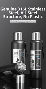 Detail of 316L stainless steel vacuum flask with matte black finish and steel lid