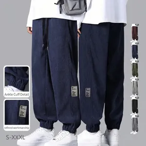 Men Corduroy Sweatpants Loose Fit Joggers Athletic Casual Solid Color Drawstring Elastic Waist Tapered Leg Trousers