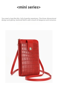 Detailed view of red crocodile textured PU leather phone bag with gold vintage buckle
