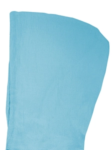 Close-up detail of light blue cotton linen fabric and hood texture of the casual shirt