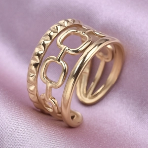 Macro shot of French vintage 304 stainless steel gold hollow chain ring showing fine details
