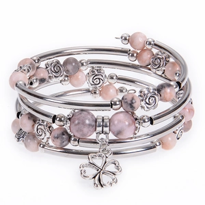 Pink zebra jasper layered wrap bracelet with silver alloy flower beads and clover charm