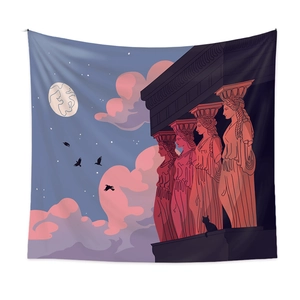 Tapisserie bohème avec piliers cariatides grecs sous un ciel étoilé et nuages roses