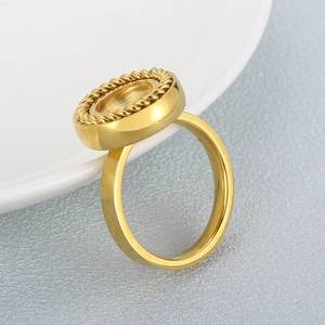 Golden stainless steel threaded ring base with round tray setting for DIY jewelry making