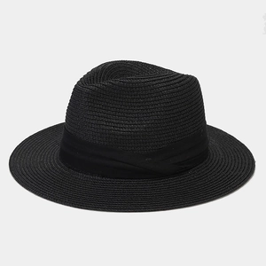 Detailed view of the fine woven texture and ribbon band on this black Panama straw hat