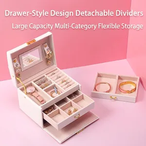 Three-tier white PU leather jewelry box with drawers, mirror and ring slots