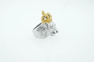 Detailed macro shot of a silver lion head ring with a contrasting gold crown element