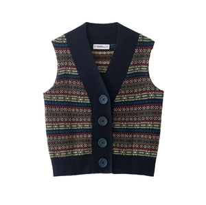 Gilet In Maglia Vintage Da Donna Scollo A V Con Bottoni Fair Isle Jacquard Geometrico Retro Cardigan Senza Maniche
