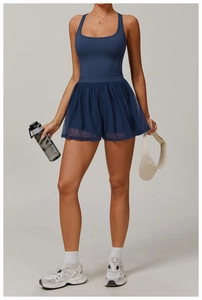 Detail of navy blue athletic mesh dress featuring breathable double-layer tennis skirt design