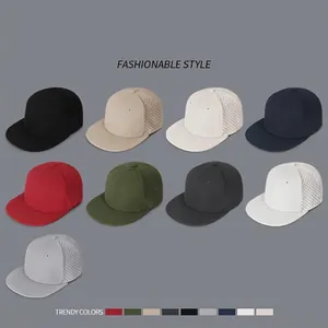 Elastic fitted hip hop flat brim cap with breathable laser cut holes in 9 solid colors