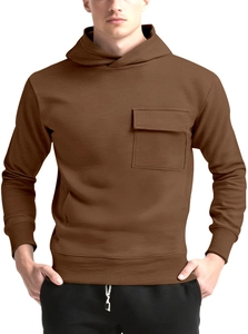 Detail of men's brown hoodie featuring a large functional flap pocket on the chest