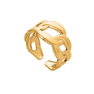 Close-up of golden stainless steel open ring featuring a stylish braided chain design