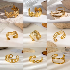 Fashion Stainless Steel 18K Gold Plated Open Bangle Geometric Leaf Floral Heart Coral Pattern Adjustable Bracelet For Women