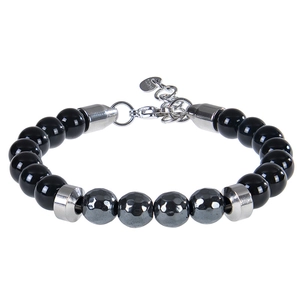 Détail de perles œil de tigre 8mm et hématite facettée sur bracelet réglable pour homme