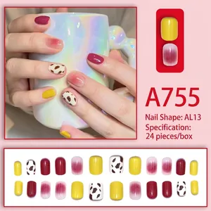 French flower press-on nails set with red, yellow, and cow print patterns for manicure