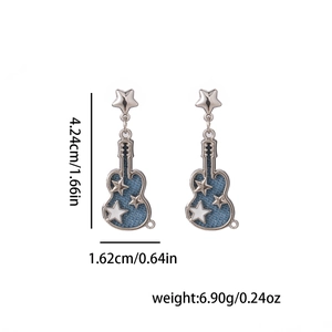 Blue guitar-shaped earrings dimensions showing 4.24cm height and 1.62cm width
