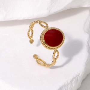 Vintage gold plated adjustable ring with red round enamel detail in bohemian style