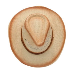 Top-down view of a hollow woven straw cowboy hat with a brown decorative cord