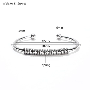Polished silver stainless steel open spring cuff bracelet with dual ball ends and dimensions