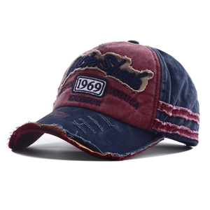 Vintage distressed baseball cap with blue and red patchwork and Rock Shank embroidery