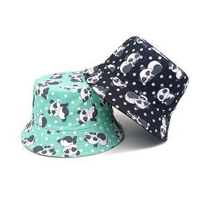 Fashionable kids panda print bucket hats in mint green and navy blue with polka dots
