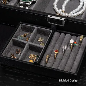 Schmuckschatulle aus PU-Leder mit Litschi-Muster, grauem Fleecefutter und Metallschloss