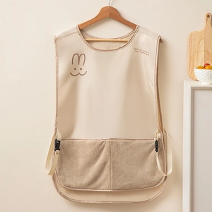Beige waterproof kitchen apron with hand-wiping towel pocket and bunny embroidery