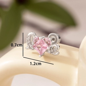 Pink zircon LOVE titanium steel ear stud with silver finish and dimensions 0.7cm x 1.2cm