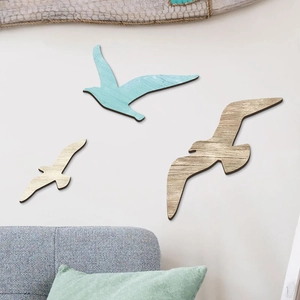 Set di 3 gabbiani decorativi in legno blu e naturale per decorazione murale interna