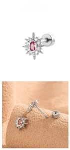 Detailed view of pink oval zircon starburst stud earring with secure screw-back design