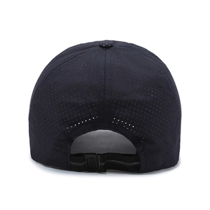 Rear view of quick-dry baseball cap with laser-cut mesh holes and adjustable buckle strap