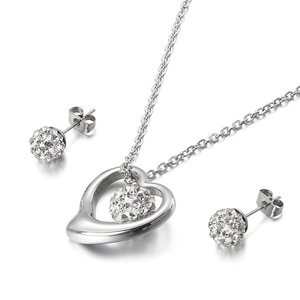 Silver titanium steel jewelry set with hollow heart necklace and rhinestone ball earrings