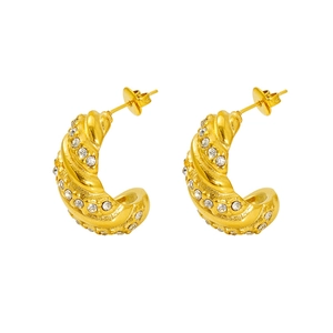 Boucles d'oreilles créoles torsadées dorées avec cristaux en acier inoxydable