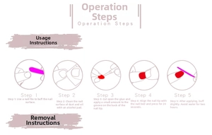 Step-by-step application guide for press-on nails showing prep and glue usage