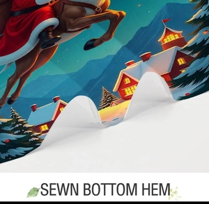 Detail of the high-quality sewn bottom hem on a Christmas themed fabric shower curtain