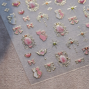 Autocollants Ongles Relief 3D Estampage Or Chat Nœud Papillon Cœur Cadre Baroque Décoration Manucure DIY