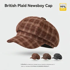 British style plaid octagonal hat for women with UPF50+ sun protection and vintage design