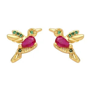Exquisite golden hummingbird stud earrings with vibrant pear-cut pink and green gemstones