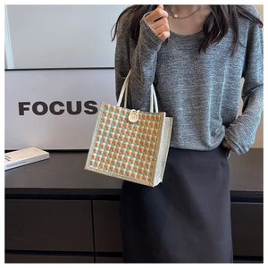 Chic checkered linen tote bag in orange and turquoise with rope handles and button closure