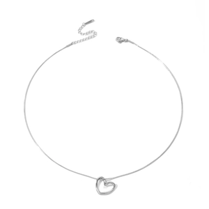 Silver retro heart pendant necklace with snake bone chain for women on white background