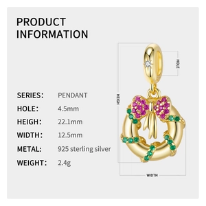 Macro detail of S925 sterling silver Christmas wreath pendant with dimensions and weight