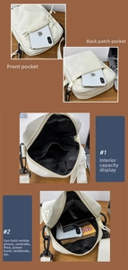 Detailed four-view layout of off-white canvas crossbody bag with multi-pocket storage design