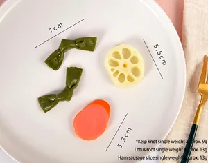 Detailed size view of PVC food keychains including seaweed, lotus root and ham models