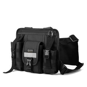 Black tactical chest bag in durable Oxford cloth with MOLLE system and adjustable straps